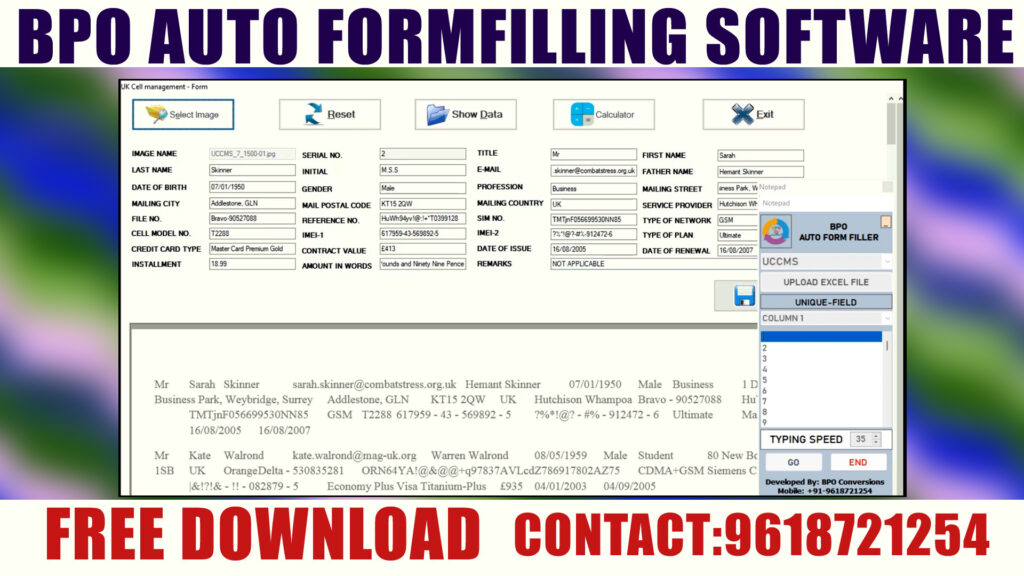 UK Cell Management Form Filling Auto Typer